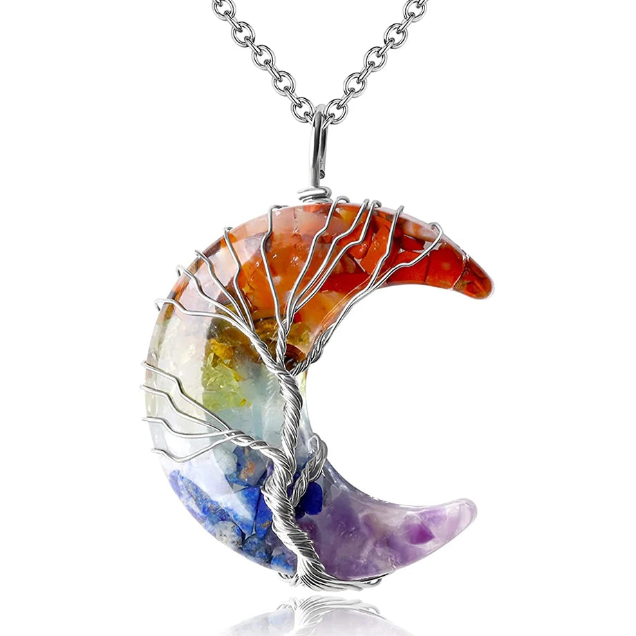 Tree of Life Crescent Moon Pendant – Wire-Wrapped Crystal Necklace