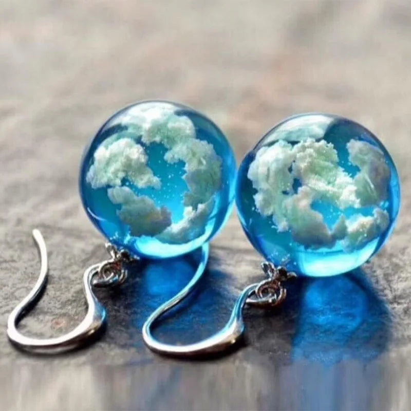 Exquisite Glass Blue Sky and White Clouds Drop Earrings