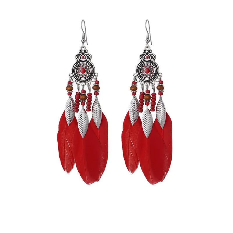 Bohemian Feather Tassel Drop Earrings with Wood Beads