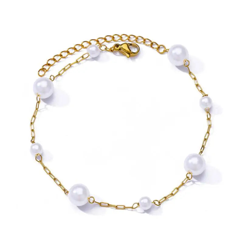 Gold Stainless Steel Imitation Pearl Anklet – Summer Beach Jewelry