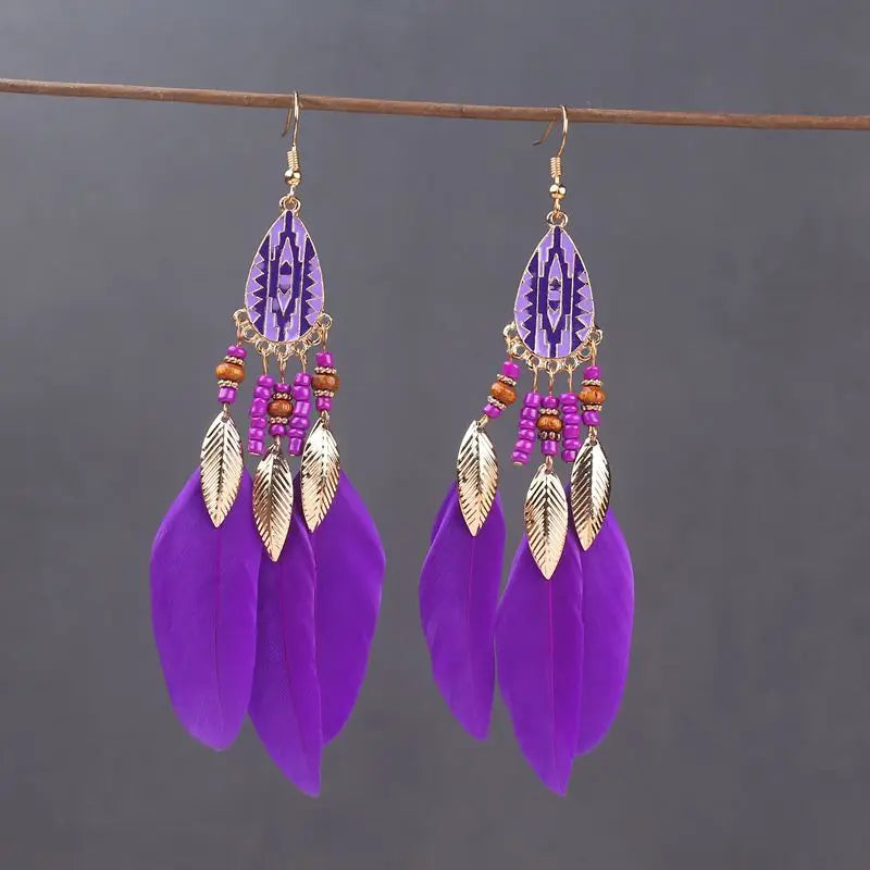 Boho Long Feather Tassel Earrings with Beads & Enamel