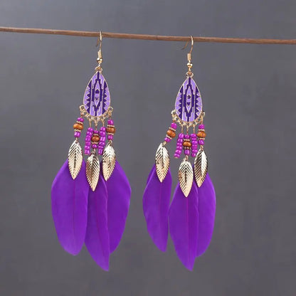 Boho Long Feather Tassel Earrings with Beads & Enamel