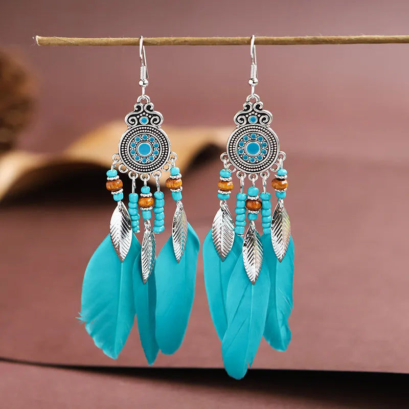 Bohemian Feather Tassel Drop Earrings with Wood Beads