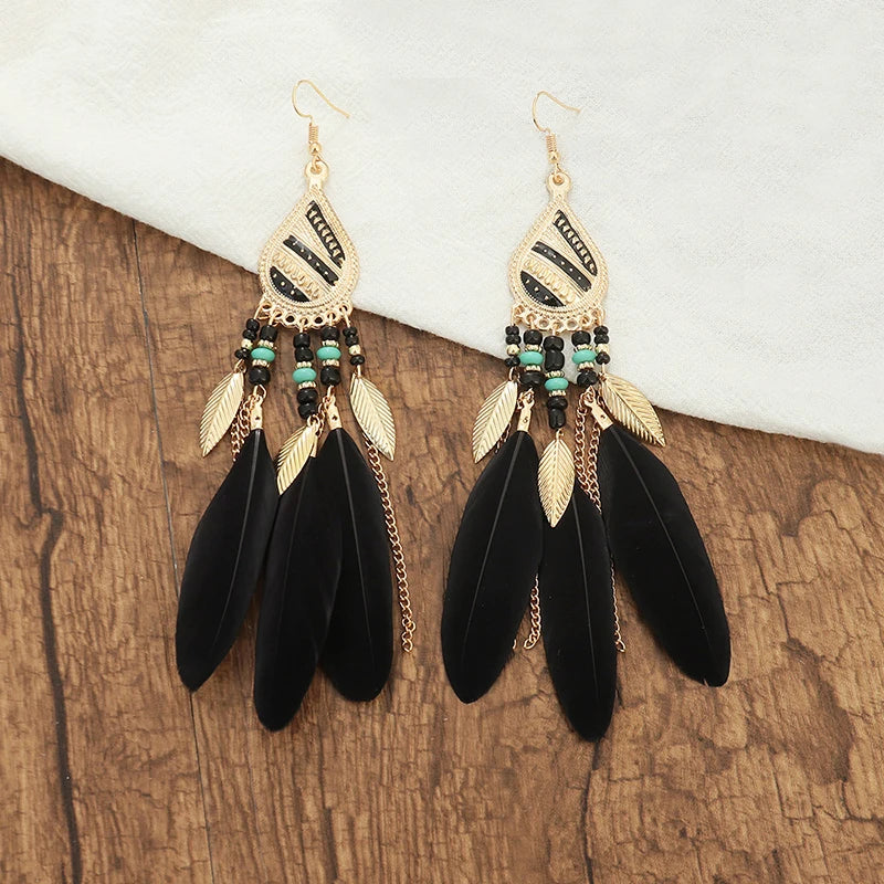 Boho Long Feather Tassel Earrings with Beads & Enamel