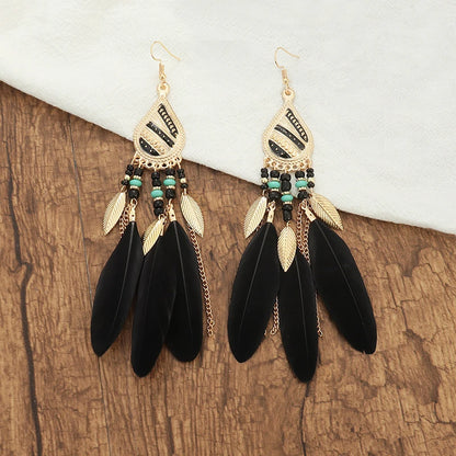 Boho Long Feather Tassel Earrings with Beads & Enamel