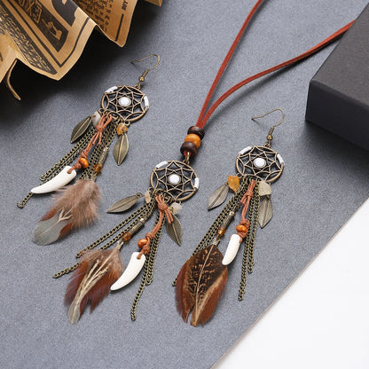 Vintage Boho Feather Tassel Earrings & Leaf Pendant Necklace
