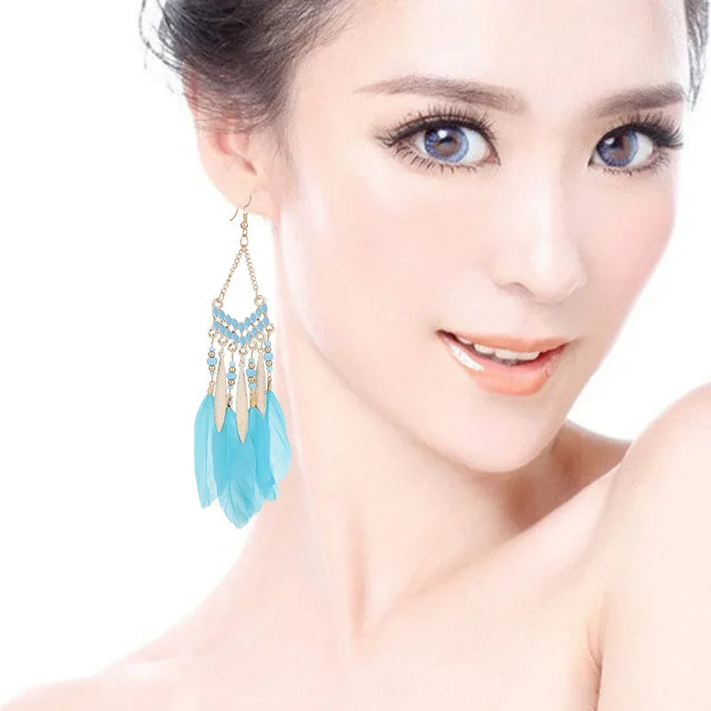 Bohemian Feather Dangle Earrings Long Tassel Colorful Beads