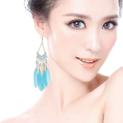 Bohemian Feather Dangle Earrings Long Tassel Colorful Beads