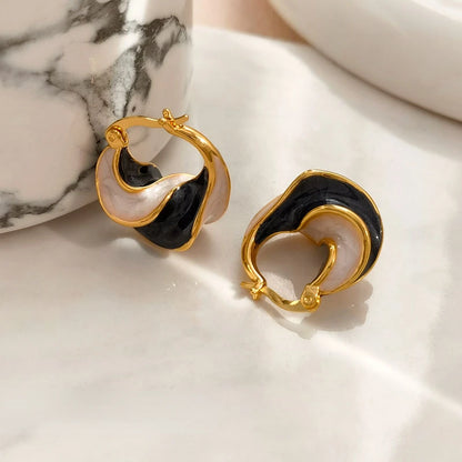 Enamel Wave Hoop Earrings – Textured Blue & Black