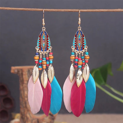 Boho Long Feather Tassel Earrings with Beads & Enamel