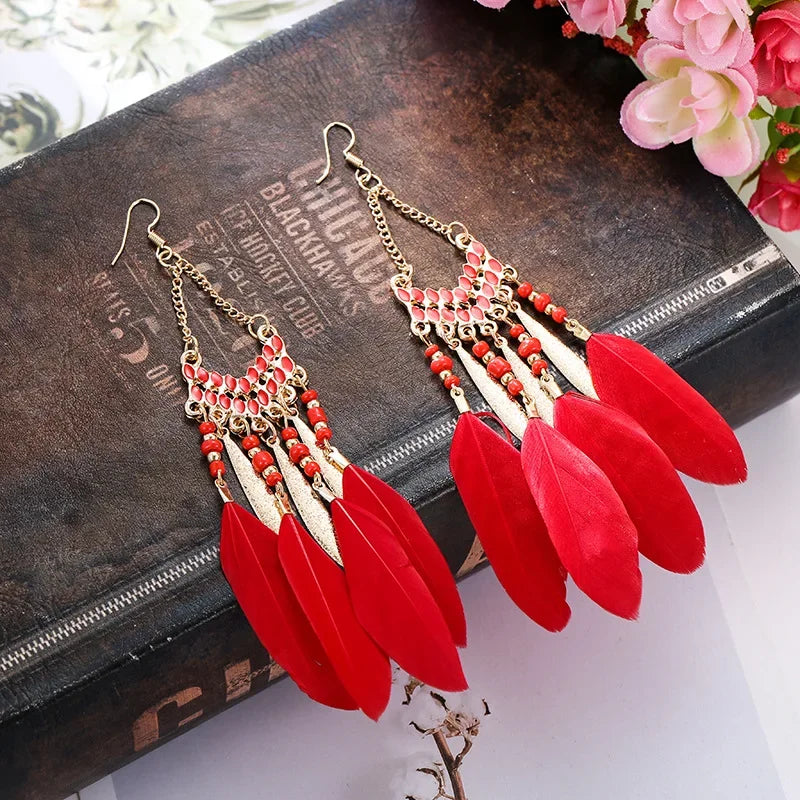 Bohemian Feather Dangle Earrings Long Tassel Colorful Beads