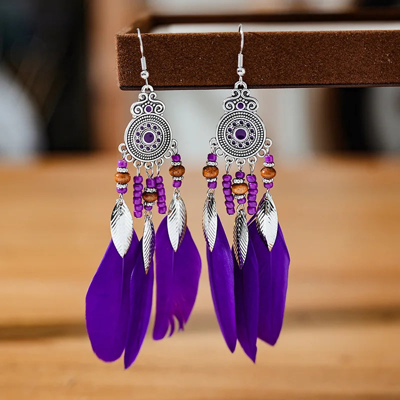 Bohemian Feather Tassel Drop Earrings with Wood Beads