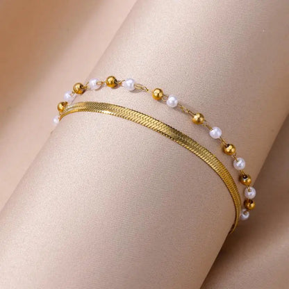 Gold Stainless Steel Imitation Pearl Anklet – Summer Beach Jewelry