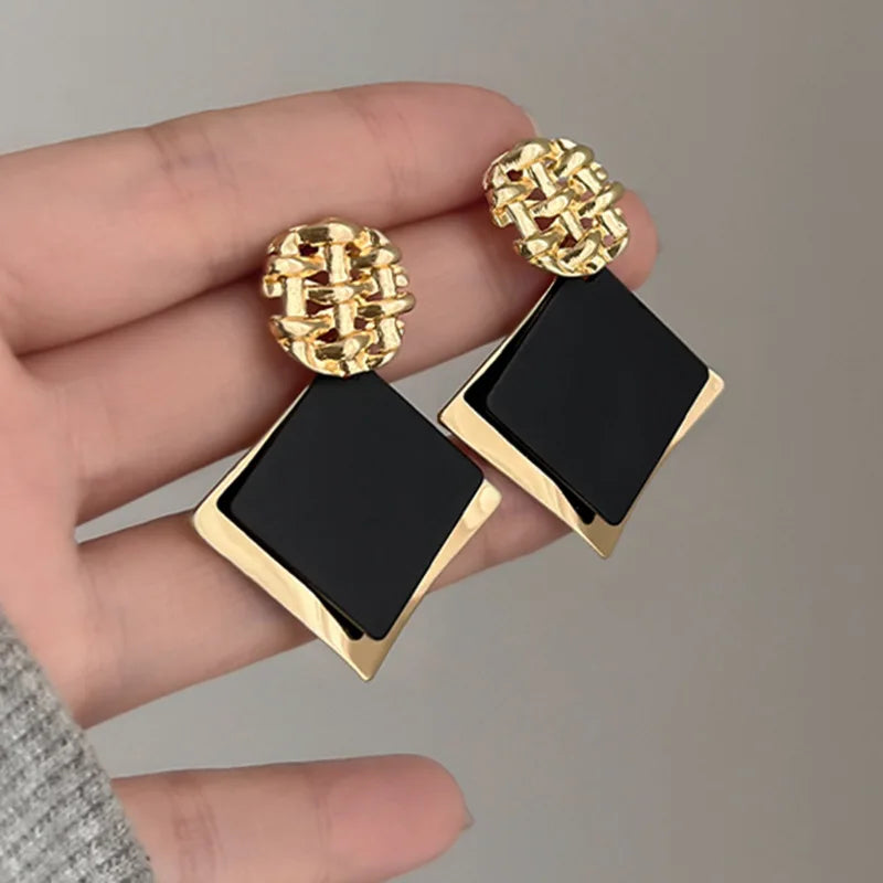 Rhombus Shape Geometric Drop Earrings in Hollow Golden Metal Lattice