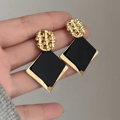 Rhombus Shape Geometric Drop Earrings in Hollow Golden Metal Lattice