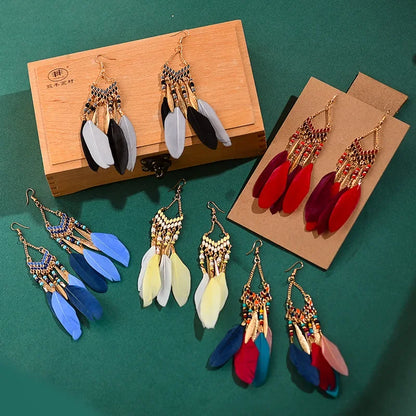 Bohemian Feather Dangle Earrings Long Tassel Colorful Beads