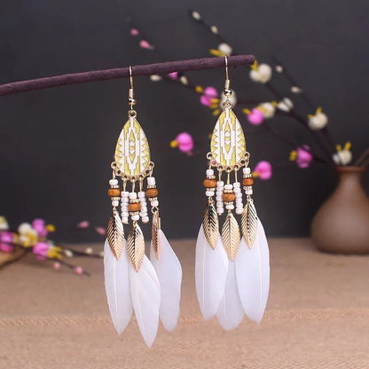 Boho Long Feather Tassel Earrings with Beads & Enamel