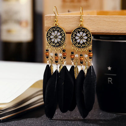 Boho Long Feather Tassel Earrings with Beads & Enamel