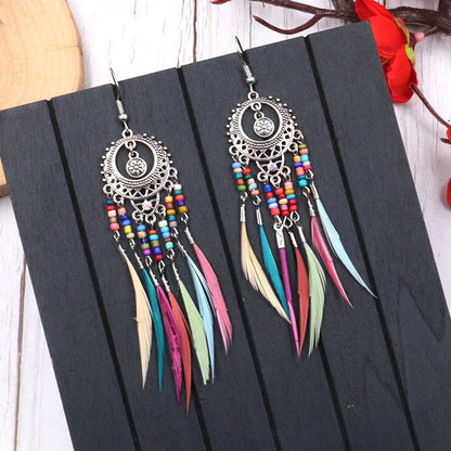 Bohemian Vintage Carved Leaf Feather Tassel Earrings