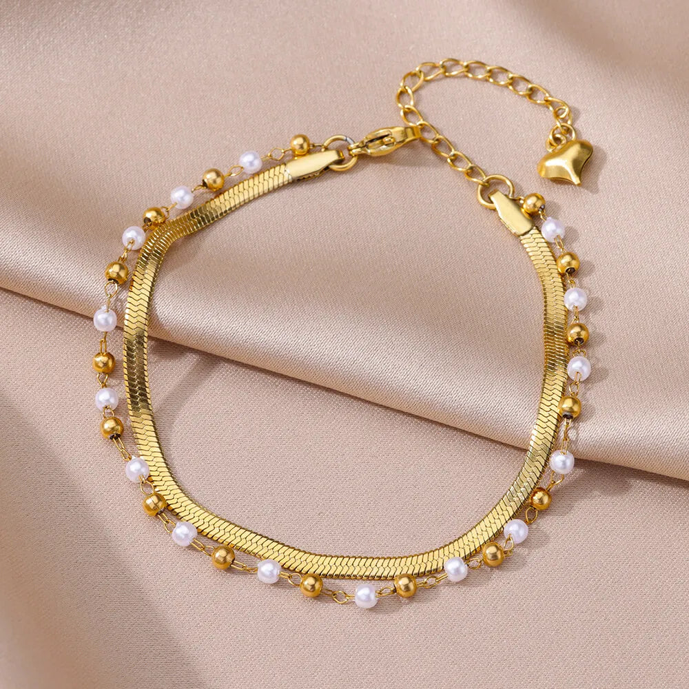 Gold Stainless Steel Imitation Pearl Anklet – Summer Beach Jewelry