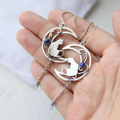 Vintage Silver Cat Crescent Earrings