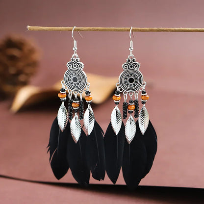 Bohemian Feather Tassel Drop Earrings with Wood Beads