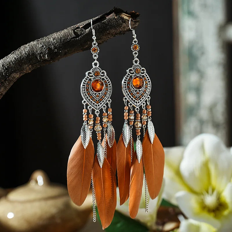 Boho Feather Tassel Earrings – Antique Silver Leaf Drop Earrings