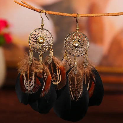 Bohemian Vintage Carved Leaf Feather Tassel Earrings