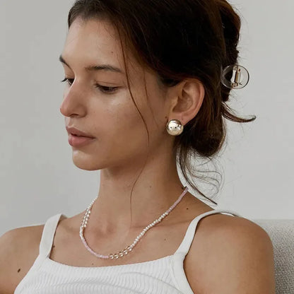 Half Bead And Heart Metal Stud Earrings