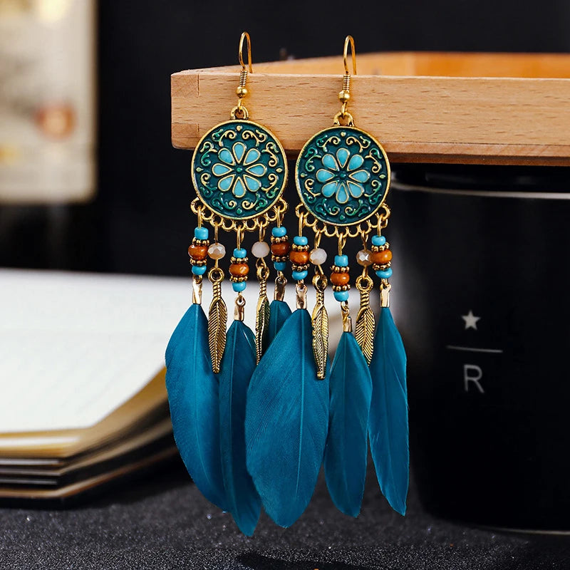 Boho Long Feather Tassel Earrings with Beads & Enamel