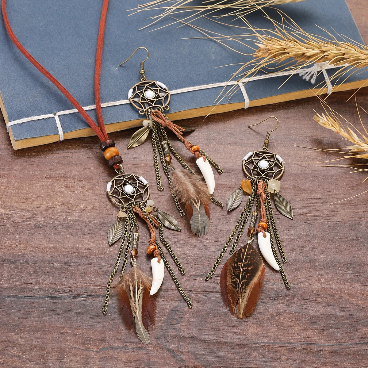 Vintage Boho Feather Tassel Earrings & Leaf Pendant Necklace