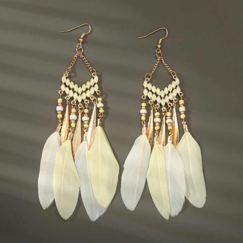 Boho Long Feather Tassel Earrings with Beads & Enamel