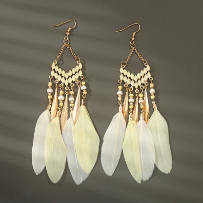 Boho Long Feather Tassel Earrings with Beads & Enamel