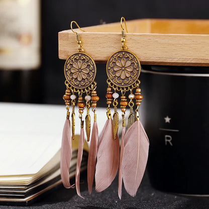 Boho Long Feather Tassel Earrings with Beads & Enamel