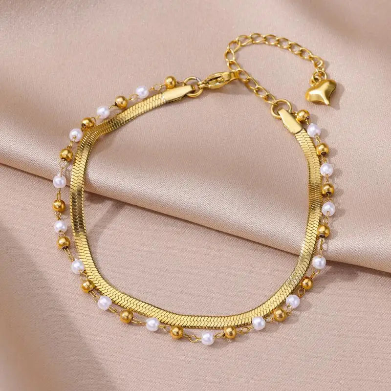 Gold Stainless Steel Imitation Pearl Anklet – Summer Beach Jewelry