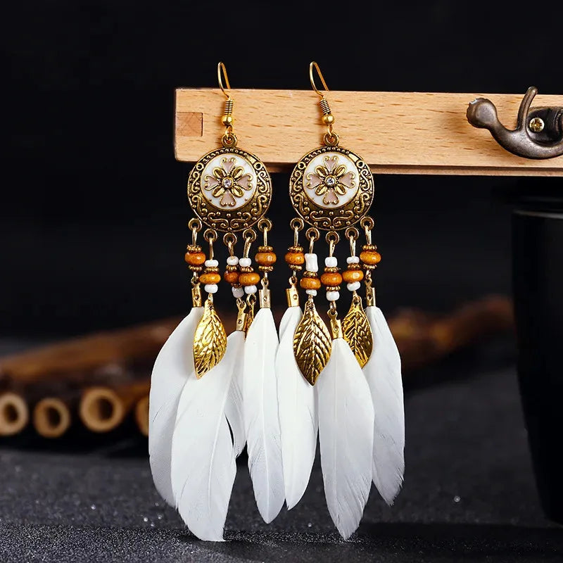 Bohemian Vintage Carved Leaf Feather Tassel Earrings