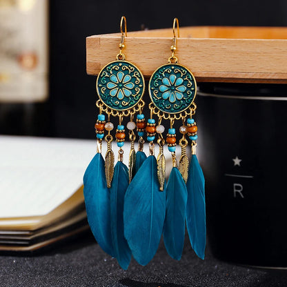Boho Long Feather Tassel Earrings with Beads & Enamel