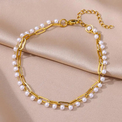 Gold Stainless Steel Imitation Pearl Anklet – Summer Beach Jewelry