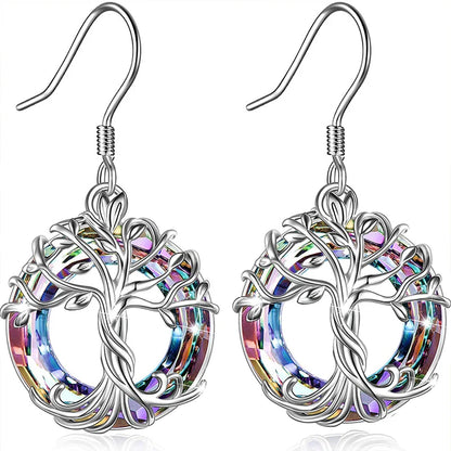 Tree of Life Drop Earrings with Purple & Aurora Crystals