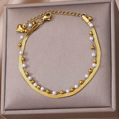 Gold Stainless Steel Imitation Pearl Anklet – Summer Beach Jewelry