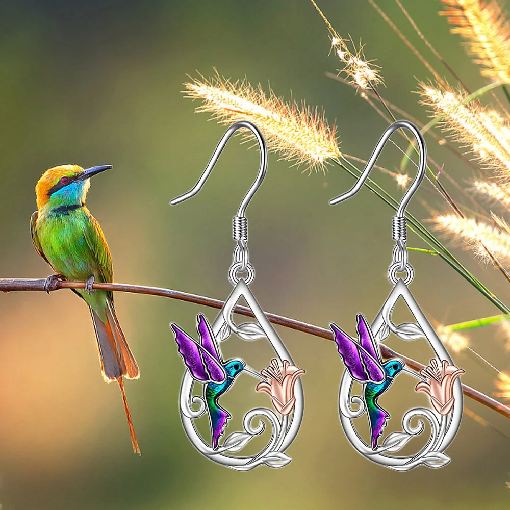 Hummingbird & Flower Drop Earrings