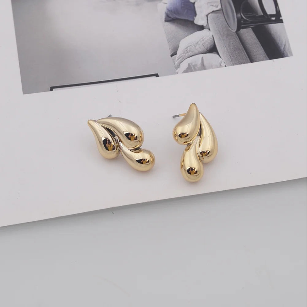 Irregular Three Waterdrop Gold Smooth Drop Earrings
