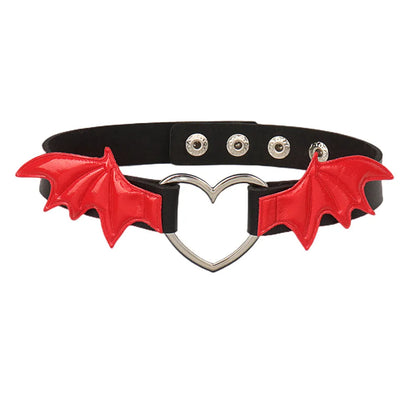 Gothic Bat Wing Choker - Leather Collar with Heart Pendant