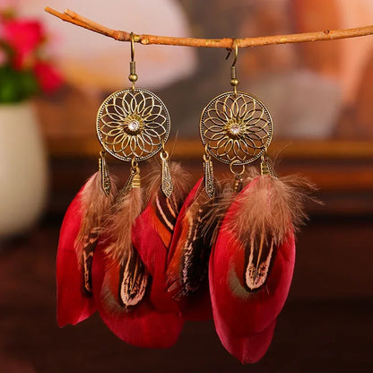 Bohemian Vintage Carved Leaf Feather Tassel Earrings