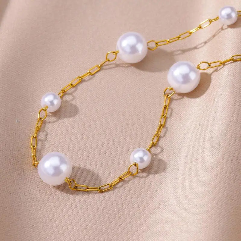 Gold Stainless Steel Imitation Pearl Anklet – Summer Beach Jewelry