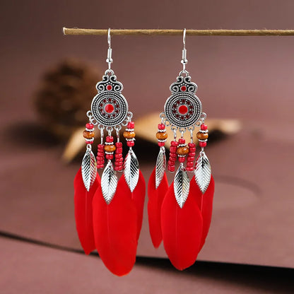 Bohemian Feather Tassel Drop Earrings with Wood Beads
