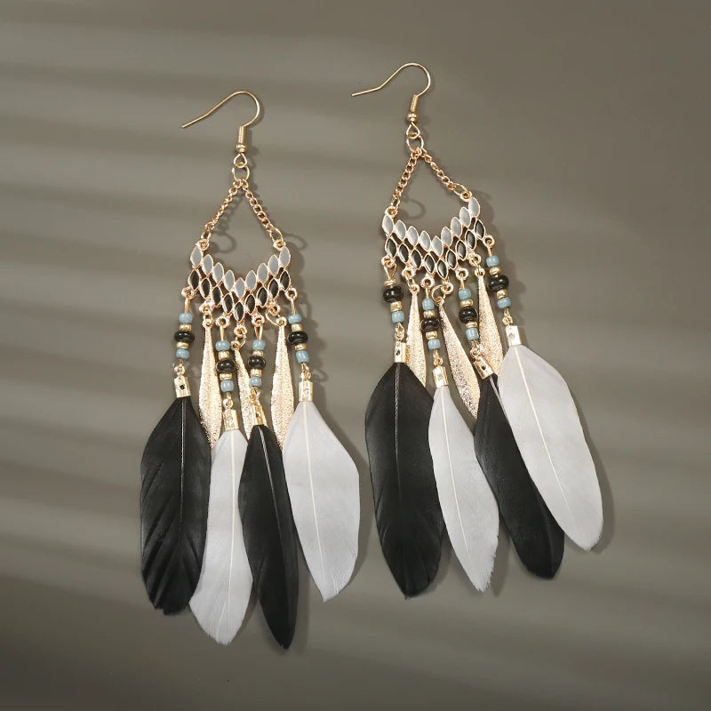Boho Long Feather Tassel Earrings with Beads & Enamel