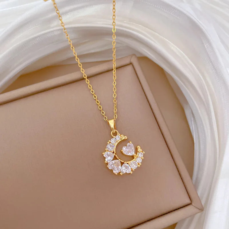 Heart-Studded Moon Pendant Necklace
