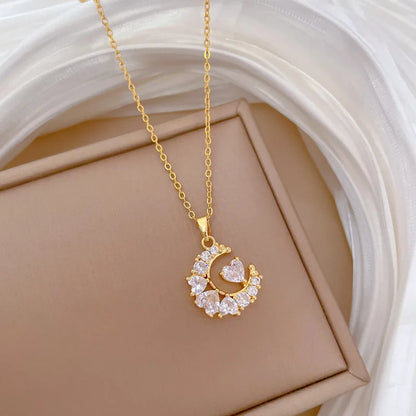 Heart-Studded Moon Pendant Necklace