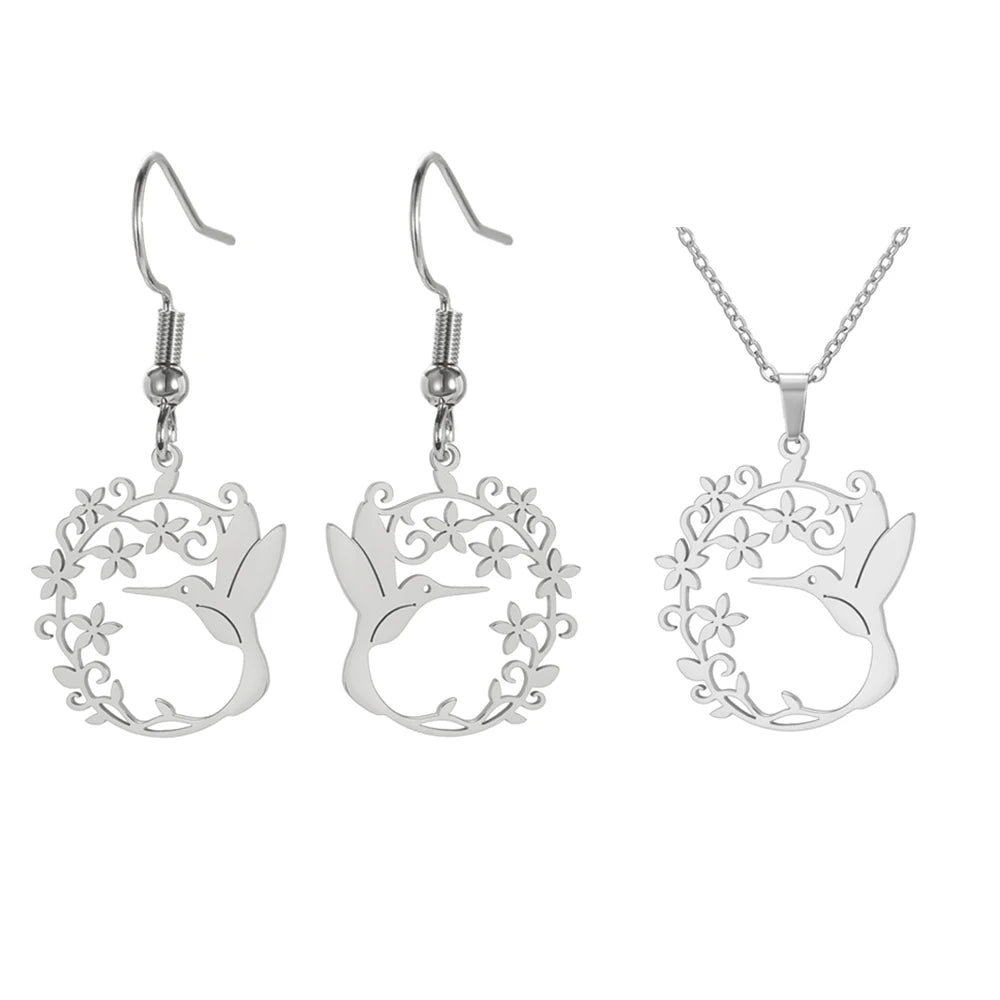 Hummingbird Jewelry Set – Gold/Silver Earrings & Necklace